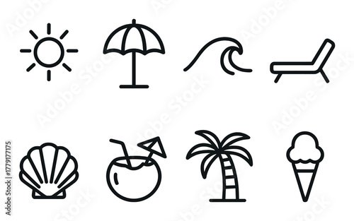 Black and white beach icons with sun umbrella waves and palm tree