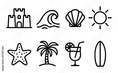 Beach icon set: castle, wave, shell, sun, starfish, palm, drink, surfboard