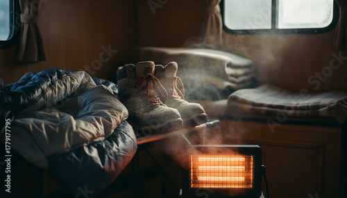Sleeping bag and boots by heater