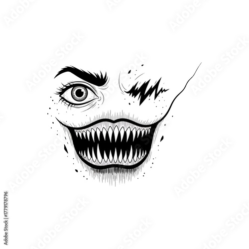 Horror monster face illustration featuring sharp teeth, a menacing eye, and dark, unsettling details
