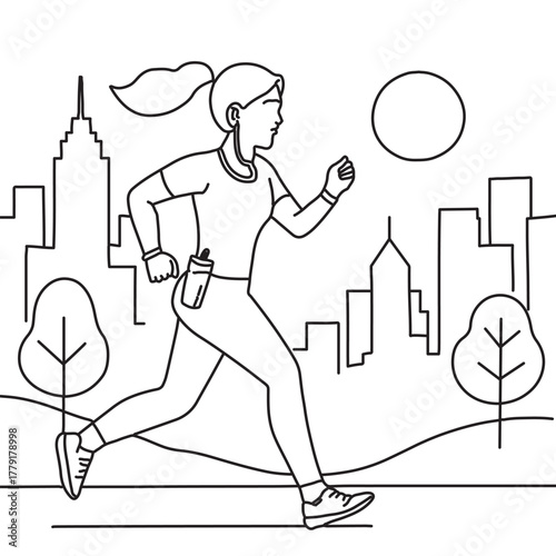 Woman Morning Jog in the City – Urban Fitness Illustration, Active Lifestyle Vector, and Modern Running Design
