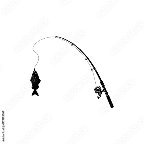 Fishing rod with a caught fish, illustrating the success of a fishing hobby and leisure activity.