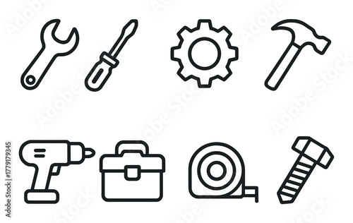 Set of black tool icons on dark background featuring wrench screwdriver gear hammer drill