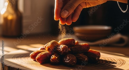 Sprinkling Spices Over Ripe Dates Fruit Composition in Rustic Warm Tones Style