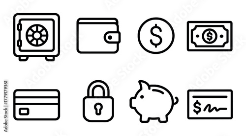 Finance icons set: safe, wallet, money, card, lock, piggy bank, check