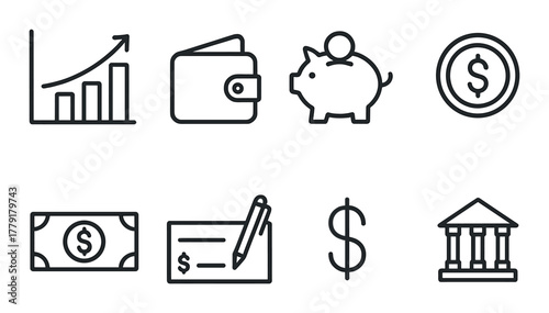 Finance icons set: growth, wallet, piggy bank, dollar, money, check, bank, savings