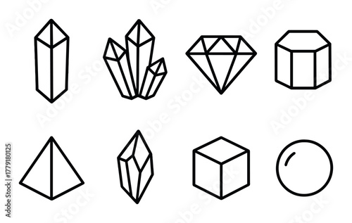 Set of eight geometric crystal and shape icons on dark background