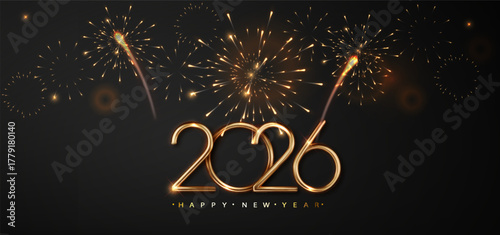 2026 Golden Number on Dark Christmas Background with Fireworks. Celebration New Year's Eve. Golden Fireworks on Dark Night Sky