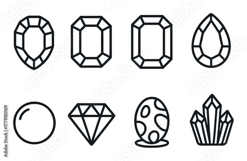 Set of eight black outlined gemstone icons on dark background