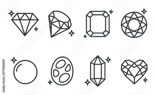 Geometric gemstone line art set featuring diamond shapes and crystal designs