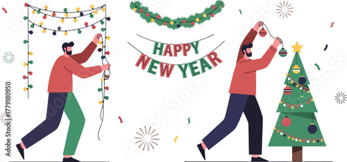 Peopledecoratinghomefornewyearisolatedonwhitebackground