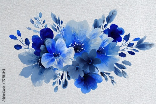 Delicate watercolor floral composition in shades of blue showcasing various flowers with unique shapes, complemented by subtle leaves and branches against a textured light background