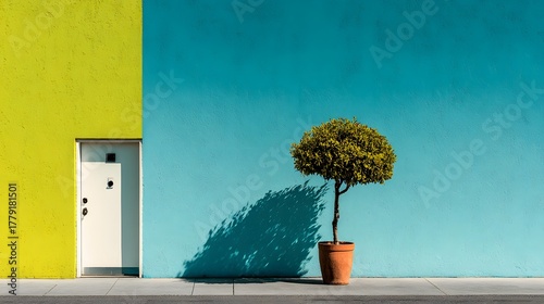 Minimalist architectural shot of a vibrant lime green and bold blue wall with a clean white door. A single potted green tree casts a sharp shadow in the bright sun.