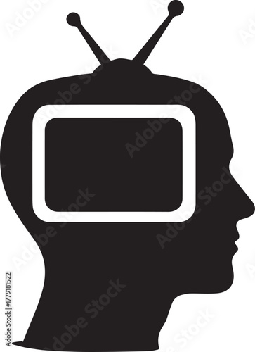 Black silhouette of a human head profile with a television screen inside and antennae on top vector