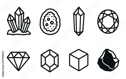 Minimalist crystal and gemstone icon set on dark background