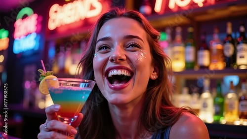 Young woman with light brown hair enjoying a rainbow cocktail in a neon-lit nightclub bar.