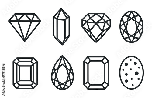 Eight gemstone shapes: diamond, oval, pear, emerald, marquise, cushion, round, cabochon