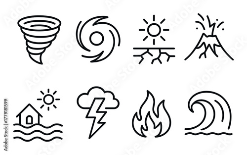Natural disaster icons: tornado, hurricane, earthquake, volcano, flood, storm, fire, tsunami