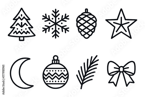 Festive christmas symbols: tree, snowflake, pinecone, star, moon, ornament, leaf, bow