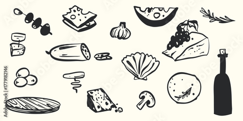 Hand drawn cheese plate whimsical simple minimalist illustration. Restaurant menu sketches of dinner party lunch vintage cheese food estate. 