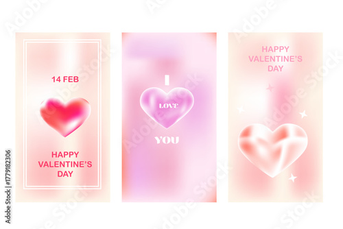 Set of romantic Valentine Day cards template. Trendy modern aesthetic design in y2k style. Blurred heart shapes on pink backgrounds. Happy Valentine's Day covers vector set.