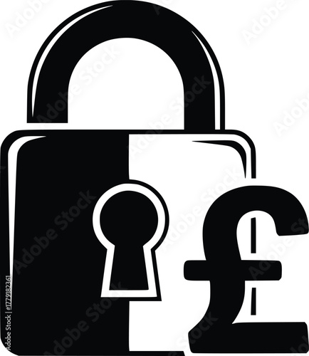 Black and White Vector Icon of Padlock with British Pound Symbol Representing Financial Security
