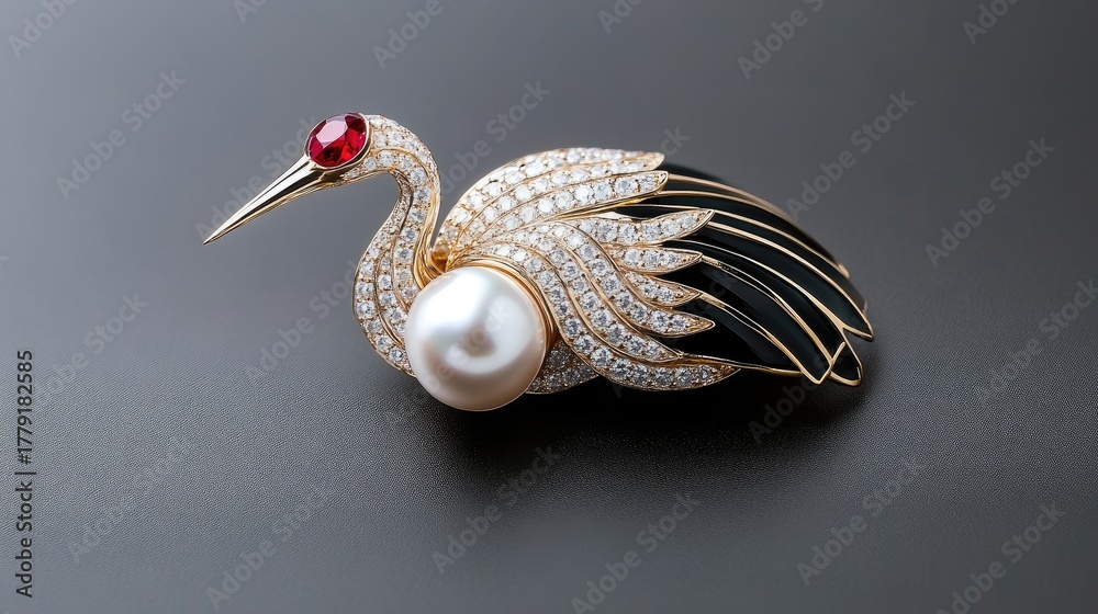 Naklejka premium Exquisite crane bird pendant adorned with diamonds, pearls, and gemstones showcasing Art Nouveau elegance