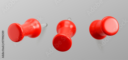 Set of Red push pins. Thumbtacks ready for your design. Different angle view. Vector illustration isolated on grey background