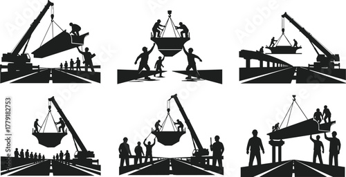 Silhouette vector illustration of construction workers and cranes building bridge structure, lifting beams, heavy machinery, teamwork, engineering, architecture, safety, labor, and industry