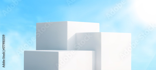 Background Podium on Sky Blue,White 3d Platform on Cloud. Abstract Stage Design. Vector illustration minimal architecture 