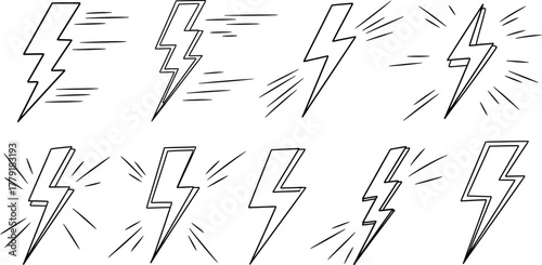 Set of hand-drawn vector outline lightning bolt icons with dynamic energy lines, symbolizing speed, power, electricity, and warning