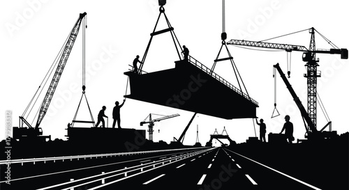 Silhouette vector illustration of construction workers and cranes building highway bridge, lifting segments, heavy machinery, teamwork, engineering, architecture, safety, labor, and industry