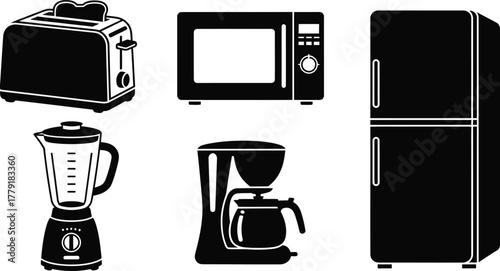 Set of black and white solid silhouette kitchen appliances and home electronic gadgets vector icons and illustrations