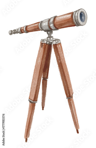 Hand painted watercolor old telescope isolated