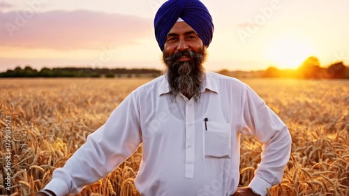 Proud Sikh Farmer in Golden Wheat Field at Sunset.