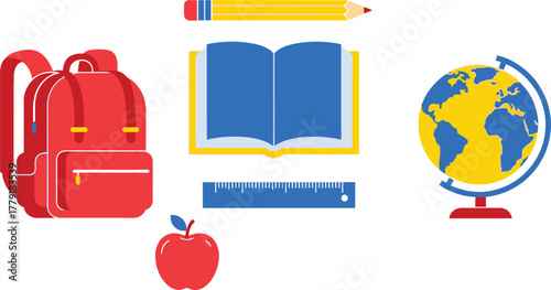 Set of simple, colorful school and education icons, including backpack, globe, books, and study materials vector illustration