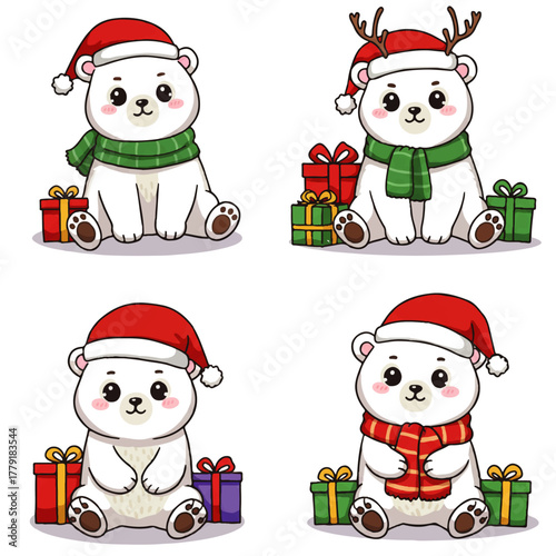 Four adorable cartoon polar bears wearing Christmas hats and scarves, surrounded by presents.