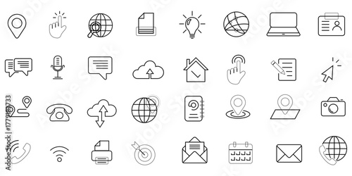 Hairdresser icon set with various business and technology symbols.  cloud wireless, crypto currency, left, mail, earth, cart, ring button, stairs