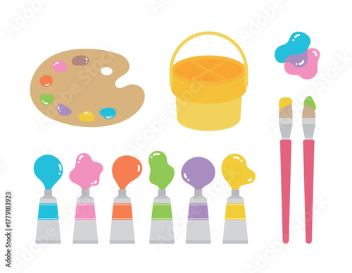 A cute, flat vector collection of art supplies. Palettes, brushes, water bottles, and paint tubes. Perfect for creativity, education, art classes, and children's design materials.