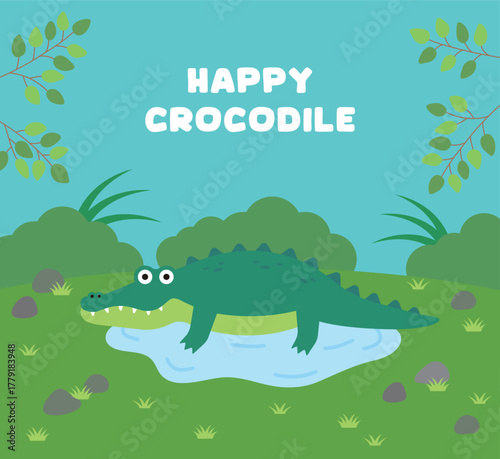 A cute illustration of a crocodile (or alligator) in a small pool of water in the jungle. The image features the phrase "HAPPY CROCODILE" and is ideal for children's nature, zoo, or jungle themes.