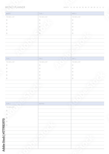 A weekly plan design template in a modern, simple, and minimalist style. Note, scheduler, diary, calendar, planner document template illustration.
