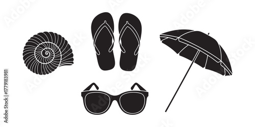 Summer Beach Silhouette Vector Set — Seashell, Flip-Flops, Sunglasses, Umbrella