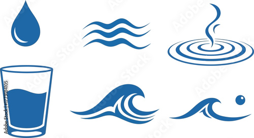 Set of colorful vector icons representing different states of water including drop, wave, glass, splash, and ripple for liquid and hydration themes
