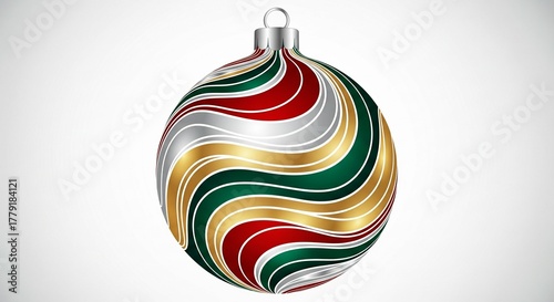 Festive Christmas Bauble with Swirling Red, Green, Gold, and Silver Stripes