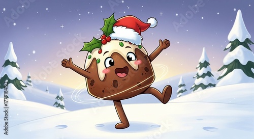 Cute Christmas Pudding Character Ice Skating in Snowy Winter Landscape