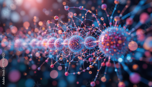 Vibrant depiction of molecular structures highlights intricate connections in precision medicine and oncology research. image captures complexity and beauty of scientific exploration