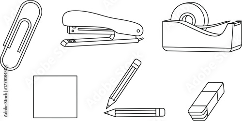 Black and white hand-drawn doodle icons related to office supplies, stationery, work tools, and administrative tasks vector illustration