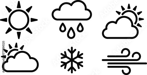Set of simple black and white outline weather icons representing sun, rain, cloud, snow, wind, and storm conditions vector illustration