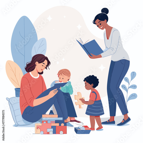 Vector art of two women are reading and playing with children, creating a nurturing and educational environment for early childhood development
