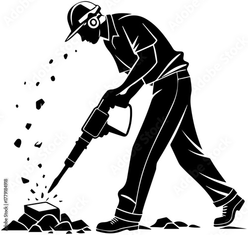 Silhouette of Worker Using Jackhammer – Demolition Tool Vector